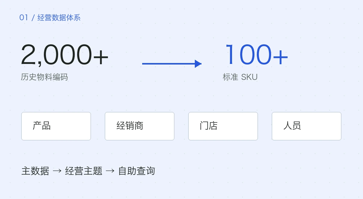 2000多个历史物料编码归并为100多个标准SKU，连接产品、经销商、门店与人员主数据